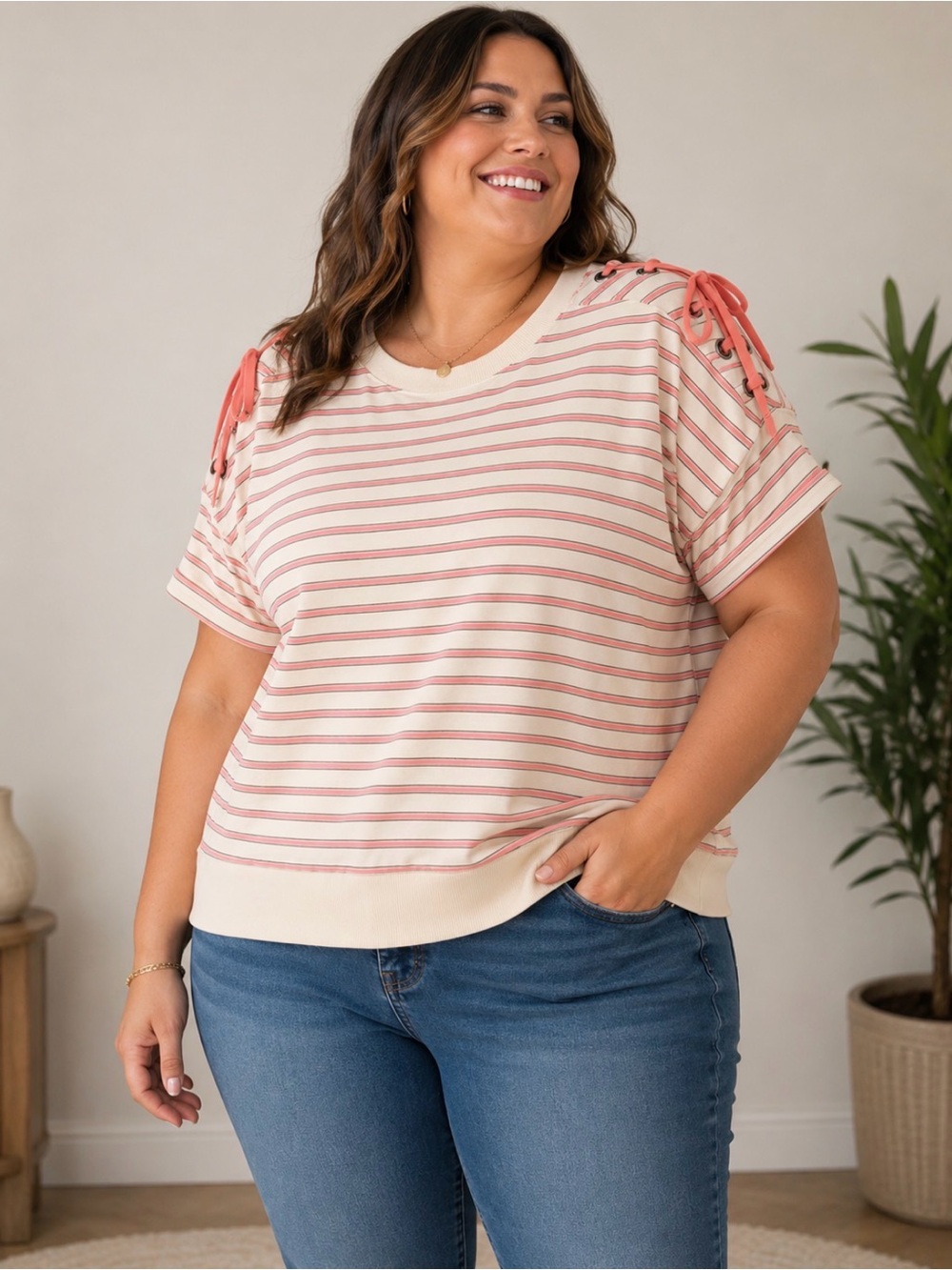 Cato Cream and Pink Striped Short Sleeve Top with Shoulder Ties